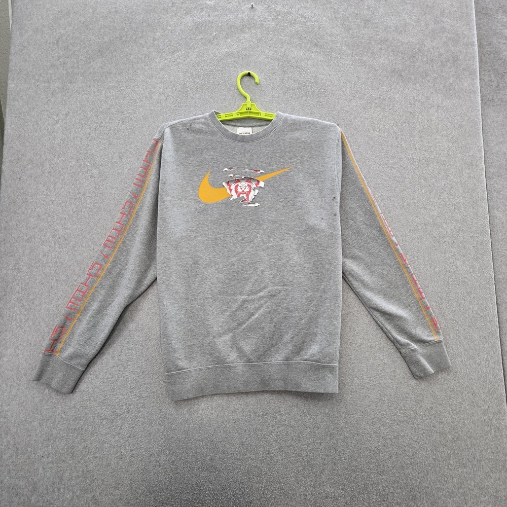 Nike Men Sweatshirt M Gray Fleece Logo Tiger Swoosh Long Sleeve READ